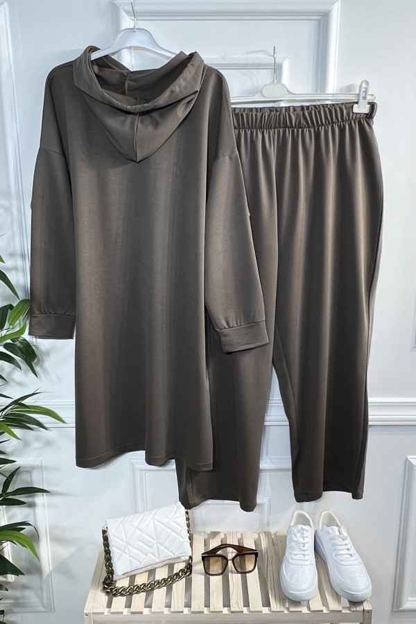 Gold Kapşonlu Taş Detaylı Penye Takım - Vizon Gold Kapşonlu Taş Detaylı Penye Takım - Vizon