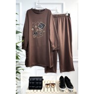 Yasmin Deri Detaylı Kare Taşlı İki İplik Penye İkili Takım - Kahverengi 