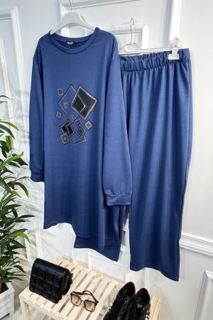 Yasmin Deri Detaylı Kare Taşlı İki İplik Penye İkili Takım - İndigo Yasmin Deri Detaylı Kare Taşlı İki İplik Penye İkili Takım - İndigo