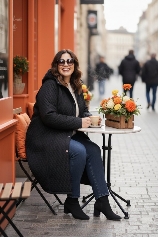 Sezen Çıkarılabilir Kapşonlu Uzun Kapitone Kaban - Siyah