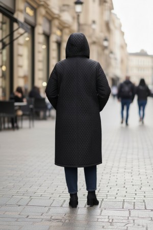 Sezen Çıkarılabilir Kapşonlu Uzun Kapitone Kaban - Siyah