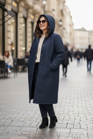 Sezen Çıkarılabilir Kapşonlu Uzun Kapitone Kaban - Lacivert