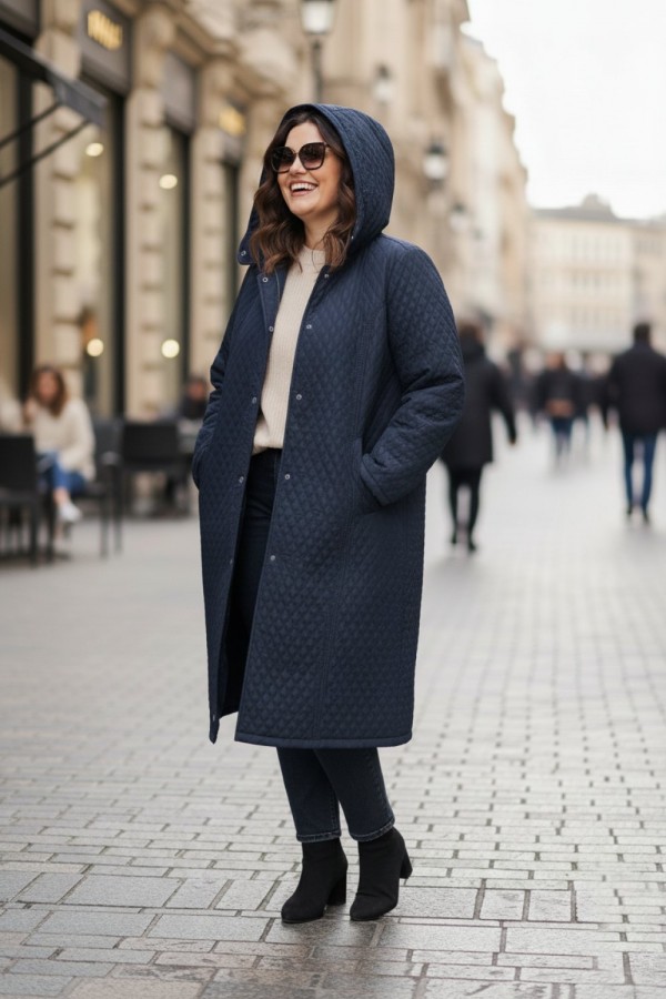 Sezen Çıkarılabilir Kapşonlu Uzun Kapitone Kaban - Lacivert