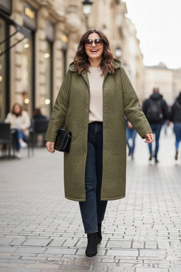 Sezen Çıkarılabilir Kapşonlu Uzun Kapitone Kaban - Haki