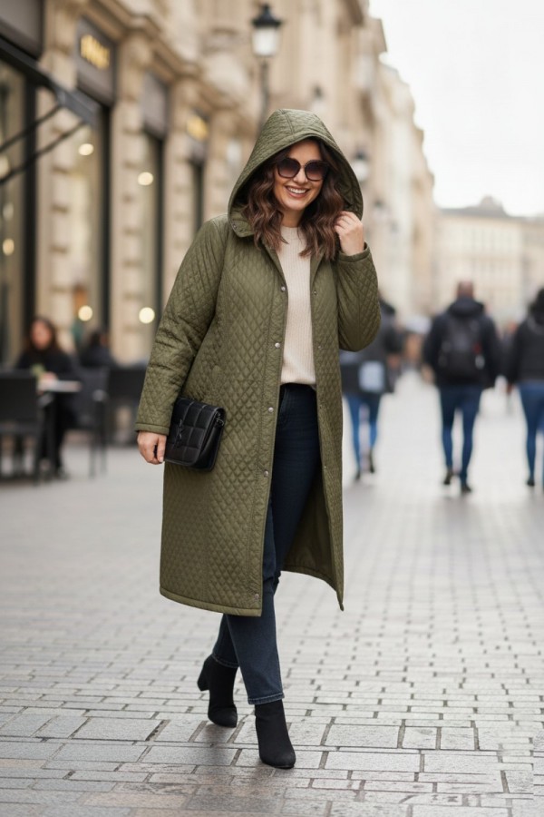 Sezen Çıkarılabilir Kapşonlu Uzun Kapitone Kaban - Haki