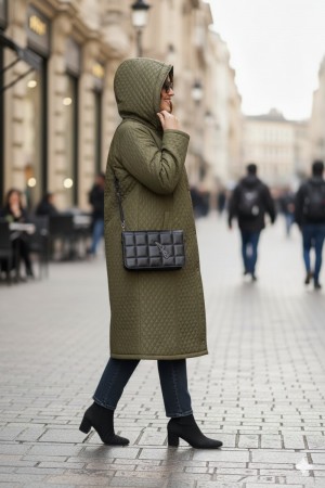 Sezen Çıkarılabilir Kapşonlu Uzun Kapitone Kaban - Haki