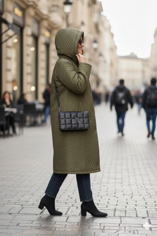 Sezen Çıkarılabilir Kapşonlu Uzun Kapitone Kaban - Haki