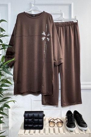Melek Taş Detaylı Penye İkili Takım - Kahverengi