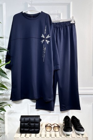 Melek Taş Detaylı Penye İkili Takım - Lacivert