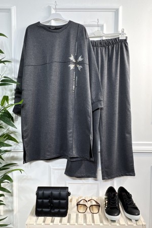 Melek Taş Detaylı Penye İkili Takım - Antrasit