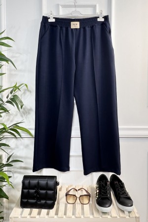 Asrın Armalı Full Esnek Beli Lastikli Bol Paça Pantolon-Lacivert