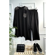 Esved  Taş Detaylı Penye İkili Takım - Siyah