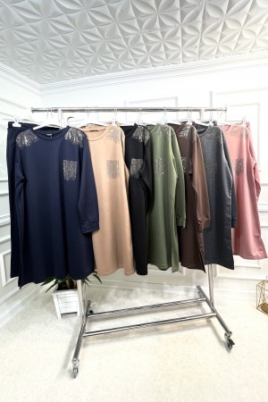 Esved Taş Detaylı Penye İkili Takım - Siyah Esved Taş Detaylı Penye İkili Takım - Siyah