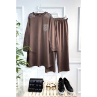 Esved  Taş Detaylı Penye İkili Takım - Kahverengi