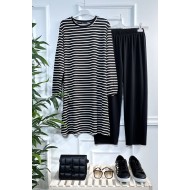 Tuana Çizgili Fitilli Krep Full Esnek İkili Takım - Siyah Tuana Çizgili Fitilli Krep Full Esnek İkili Takım - Siyah