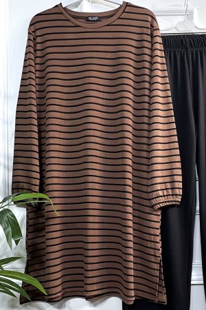 Tuana Çizgili Fitilli Krep Full Esnek İkili Takım - Kahverengi Tuana Çizgili Fitilli Krep Full Esnek İkili Takım - Kahverengi