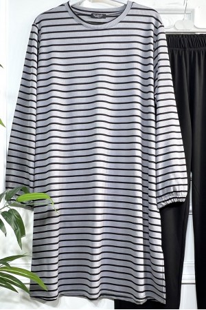 Tuana Çizgili Fitilli Krep Full Esnek İkili Takım - Gri Tuana Çizgili Fitilli Krep Full Esnek İkili Takım - Gri