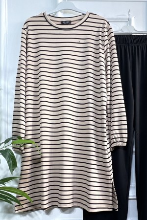 Tuana Çizgili Fitilli Krep Full Esnek İkili Takım - Vizon Tuana Çizgili Fitilli Krep Full Esnek İkili Takım - Vizon