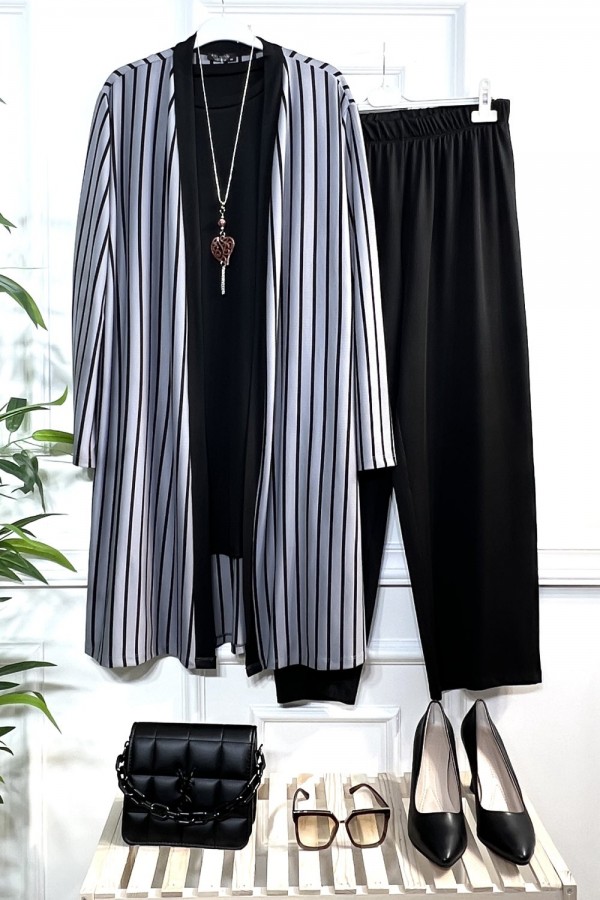 Şems Full Esnek Likralı Çizgili Üçlü Takım - Gri Şems Full Esnek Likralı Çizgili Üçlü Takım - Gri