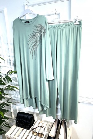 Firuze Full Esnek Likralı Taş ve İncili İkili Takım-Su Yeşili Firuze Full Esnek Likralı Taş ve İncili İkili Takım-Su Yeşili