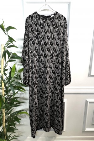 Şahane Pamuk Viskon Uzun Elbise - Siyah Matriks Desen