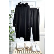 Hayat Full Esnek Likralı Fitilli Penye Kapşonlu Takım - Siyah Hayat Full Esnek Likralı Fitilli Penye Kapşonlu Takım - Siyah