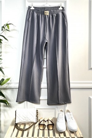 Linda Çizgili Full Esnek Likralı Bol Paça Pantolon - Gri Linda Çizgili Full Esnek Likralı Bol Paça Pantolon - Gri