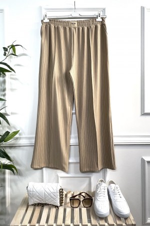 Linda Çizgili Full Esnek Likralı Bol Paça Pantolon - Taş Linda Çizgili Full Esnek Likralı Bol Paça Pantolon - Taş