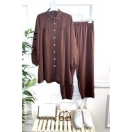 Majeste Önü Pileli Ayrobin İkili Takım- Kahverengi Majeste Önü Pileli Ayrobin İkili Takım- Kahverengi