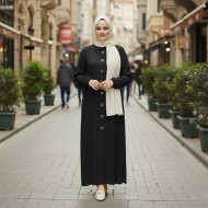 Dünya Kare Metal Düğmeli Yakalı Ferace - Siyah 