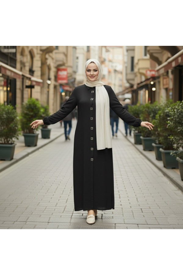 Dünya Kare Metal Düğmeli Yakalı Ferace - Siyah 