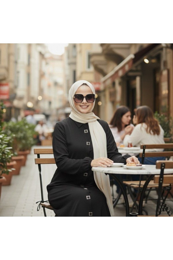 Dünya Kare Metal Düğmeli Yakalı Ferace - Siyah 