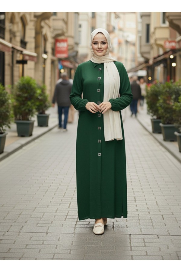 Dünya Kare Metal Düğmeli Yakalı Ferace - Zümrüt Dünya Kare Metal Düğmeli Yakalı Ferace - Zümrüt