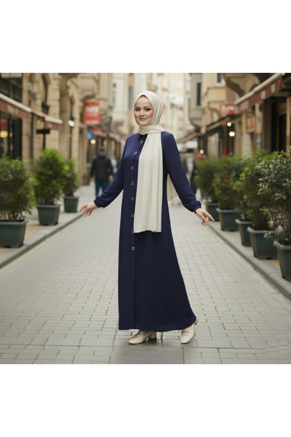 Dünya Kare Metal Düğmeli Yakalı Ferace - Lacivert