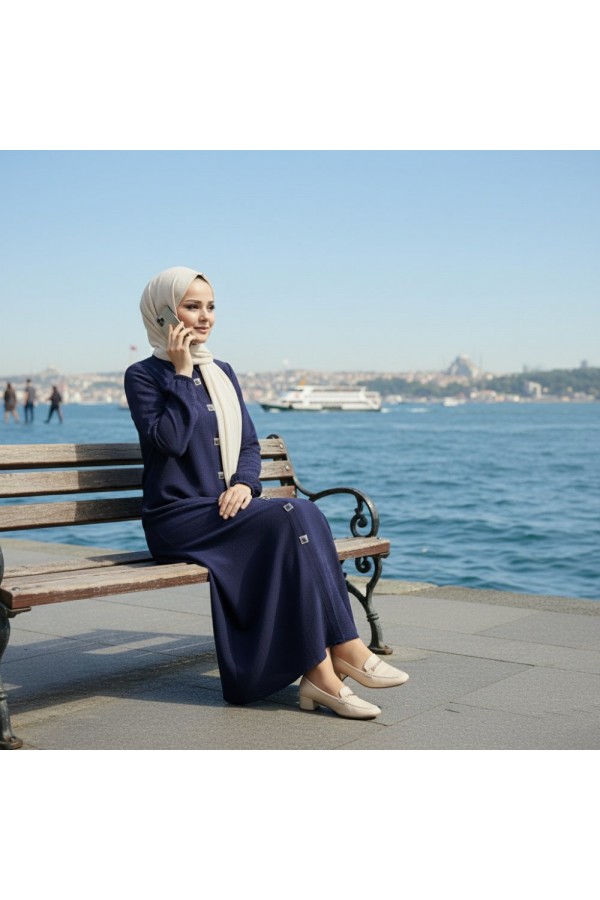 Dünya Kare Metal Düğmeli Yakalı Ferace - Lacivert