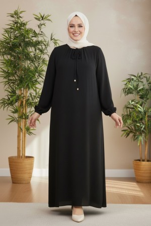 Nehir Yakası Büzgü Bağcıklı Ayrobin Elbise - Siyah 