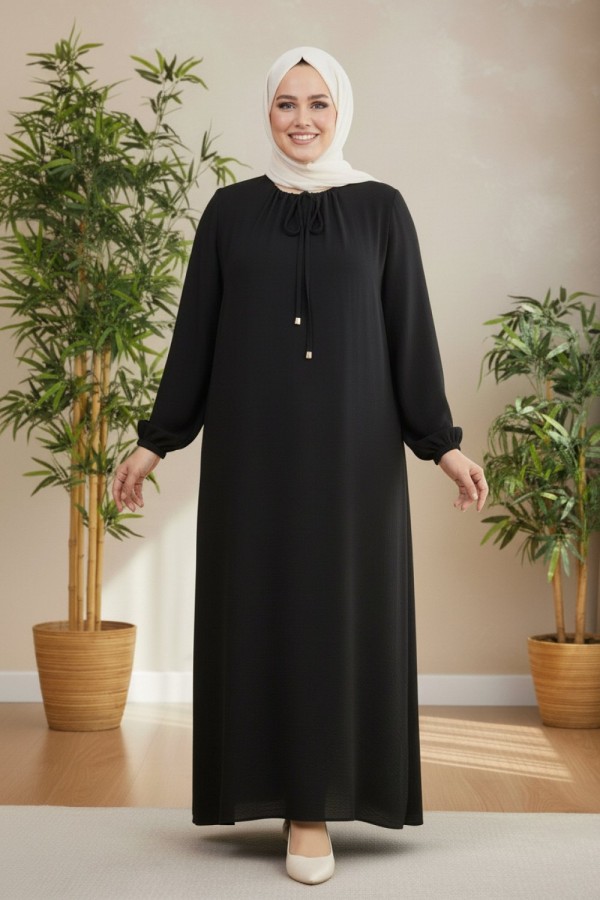 Nehir Yakası Büzgü Bağcıklı Ayrobin Elbise - Siyah 