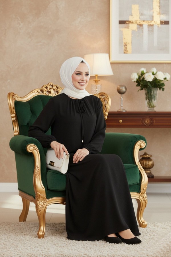 Nehir Yakası Büzgü Bağcıklı Ayrobin Elbise - Siyah 