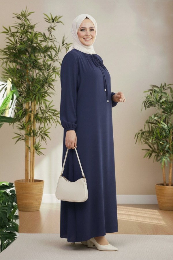 Nehir Yakası Büzgü Bağcıklı Ayrobin Elbise - Lacivert