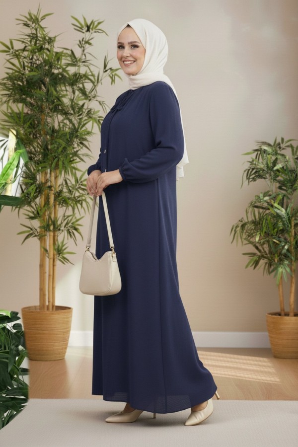 Nehir Yakası Büzgü Bağcıklı Ayrobin Elbise - Lacivert