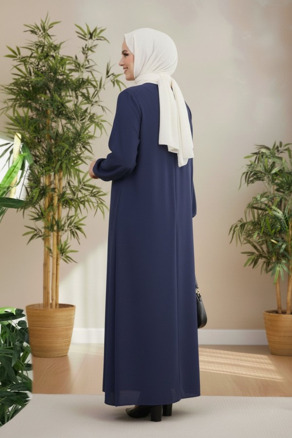 Nehir Yakası Büzgü Bağcıklı Ayrobin Elbise - Lacivert