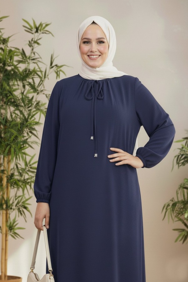 Nehir Yakası Büzgü Bağcıklı Ayrobin Elbise - Lacivert