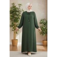 Nehir Yakası Büzgü Bağcıklı Ayrobin Elbise - Haki