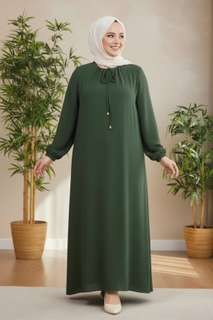 Nehir Yakası Büzgü Bağcıklı Ayrobin Elbise - Haki