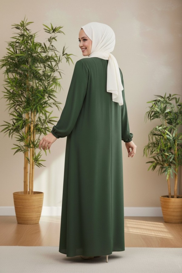 Nehir Yakası Büzgü Bağcıklı Ayrobin Elbise - Haki