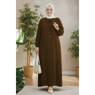 Nehir Yakası Büzgü Bağcıklı Ayrobin Elbise - Kahverengi