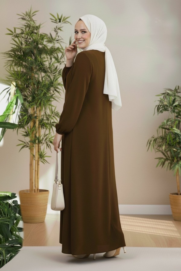 Nehir Yakası Büzgü Bağcıklı Ayrobin Elbise - Kahverengi