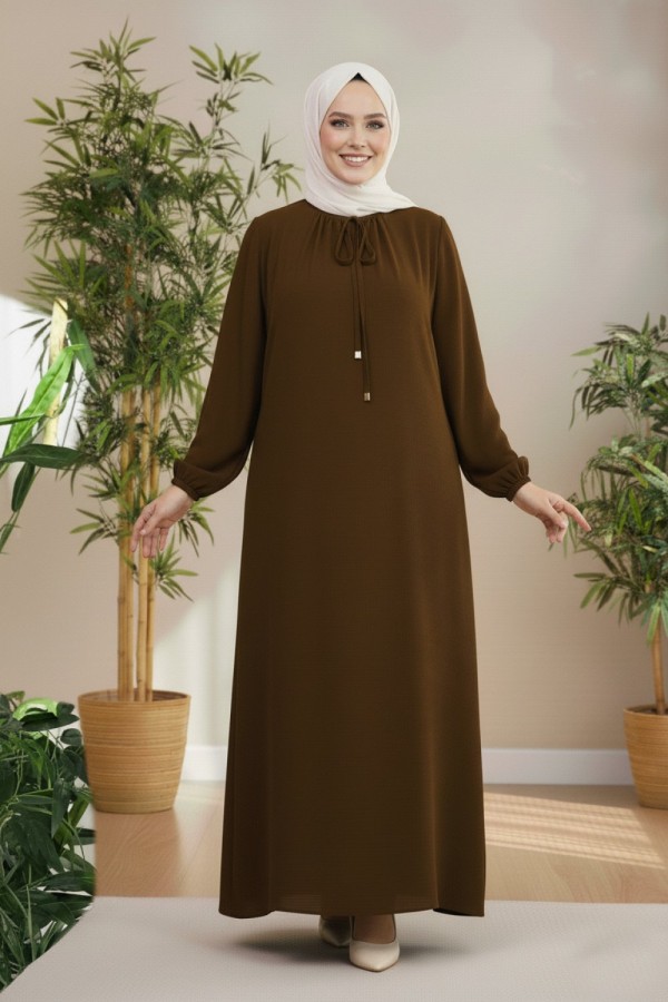 Nehir Yakası Büzgü Bağcıklı Ayrobin Elbise - Kahverengi