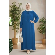 Nehir Yakası Büzgü Bağcıklı Ayrobin Elbise - İndigo