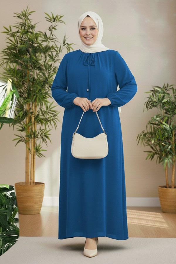 Nehir Yakası Büzgü Bağcıklı Ayrobin Elbise - İndigo